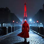 **

A menacing, bright red Among Us character stands in a dimly lit Parisian street at night. The Eiffel Tower is faintly visible in the background, shrouded in fog. The character has a sinister grin, casting a long shadow. Focus on conveying a sense of danger and suspicion, highlighting the ambiguity of the red color.

**