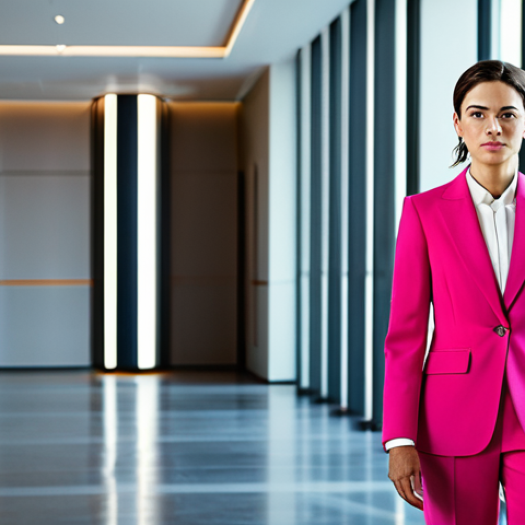 A confident professional woman in a meticulously tailored, vibrant rose-pink power suit, standing with a poised and determined expression in a sleek, modern architectural lobby. Her posture radiates leadership and resilience, challenging traditional perceptions of the color. The setting is bright and spacious, with clean lines and abundant natural light. fully clothed, modest clothing, appropriate attire, professional dress, safe for work, appropriate content, professional, perfect anatomy, correct proportions, natural pose, well-formed hands, proper finger count, natural body proportions, high-quality, sharp focus, cinematic lighting.