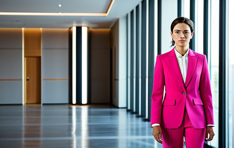 A confident professional woman in a meticulously tailored, vibrant rose-pink power suit, standing with a poised and determined expression in a sleek, modern architectural lobby. Her posture radiates leadership and resilience, challenging traditional perceptions of the color. The setting is bright and spacious, with clean lines and abundant natural light. fully clothed, modest clothing, appropriate attire, professional dress, safe for work, appropriate content, professional, perfect anatomy, correct proportions, natural pose, well-formed hands, proper finger count, natural body proportions, high-quality, sharp focus, cinematic lighting.