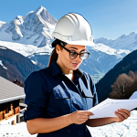 **

A professional female architect in a modest dress, reviewing blueprints on a construction site in the French Alps. She is wearing a hard hat and safety glasses. The background features snow-capped mountains and a partially constructed chalet. Appropriate attire, safe for work, perfect anatomy, natural proportions, professional photography, high quality.

**