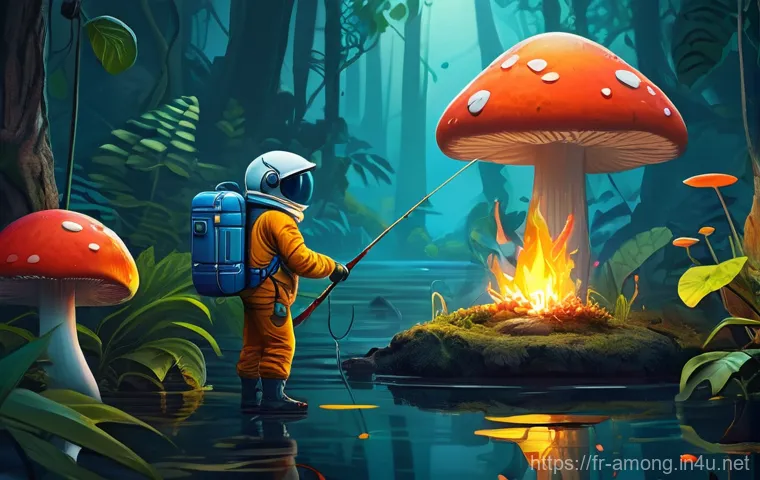 어몽어스 신규 태스크 소개 - **Among Us Fungle Exploration: Marshmallow Grill & Fishing Adventure**
    "An intricate illustratio...