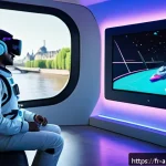 Home 12 어몽어스 2025년 전망 - A vivid augmented reality scene featuring a player wearing a sleek AR headset, immersed inside an Am...