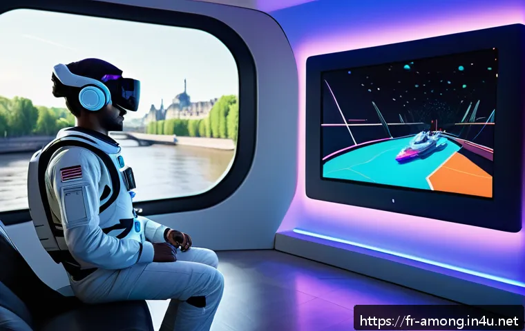 어몽어스 2025년 전망 - A vivid augmented reality scene featuring a player wearing a sleek AR headset, immersed inside an Am...