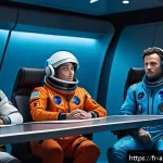 Home 17 유명 스트리머와 어몽어스 콘텐츠 - A tense Among Us meeting scene inside a futuristic spaceship conference room, featuring diverse cart...