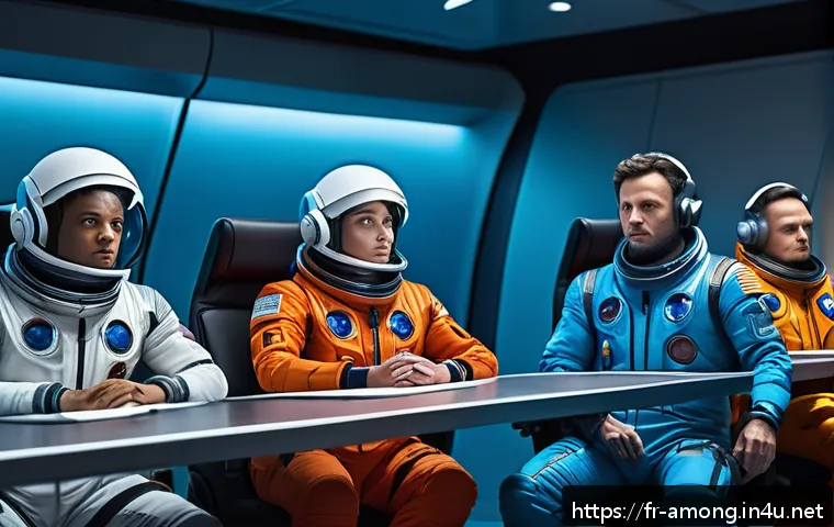 유명 스트리머와 어몽어스 콘텐츠 - A tense Among Us meeting scene inside a futuristic spaceship conference room, featuring diverse cart...