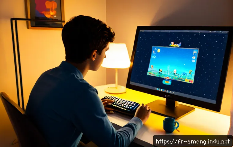 어몽어스 공식 업데이트 내역 - Photorealistic French home office at dusk, a young adult gamer seated at a clean desk viewing a colo...